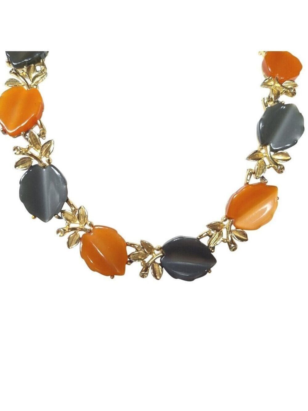 Vtg Statement Collar Necklace Gold Tone Orange Gray Stone Leaf Detail Autumncore